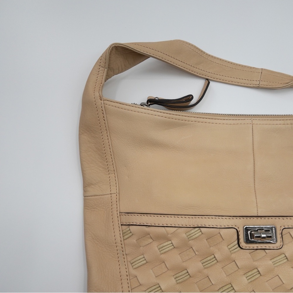 B Makowsky Glove Maisie Leather Hobo Bag with Woven Detail Basketweave Light Tan - Picture 2 of 15